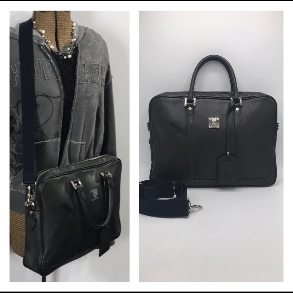 MCM Unisex Black Leather Briefcase Crossbody Bag